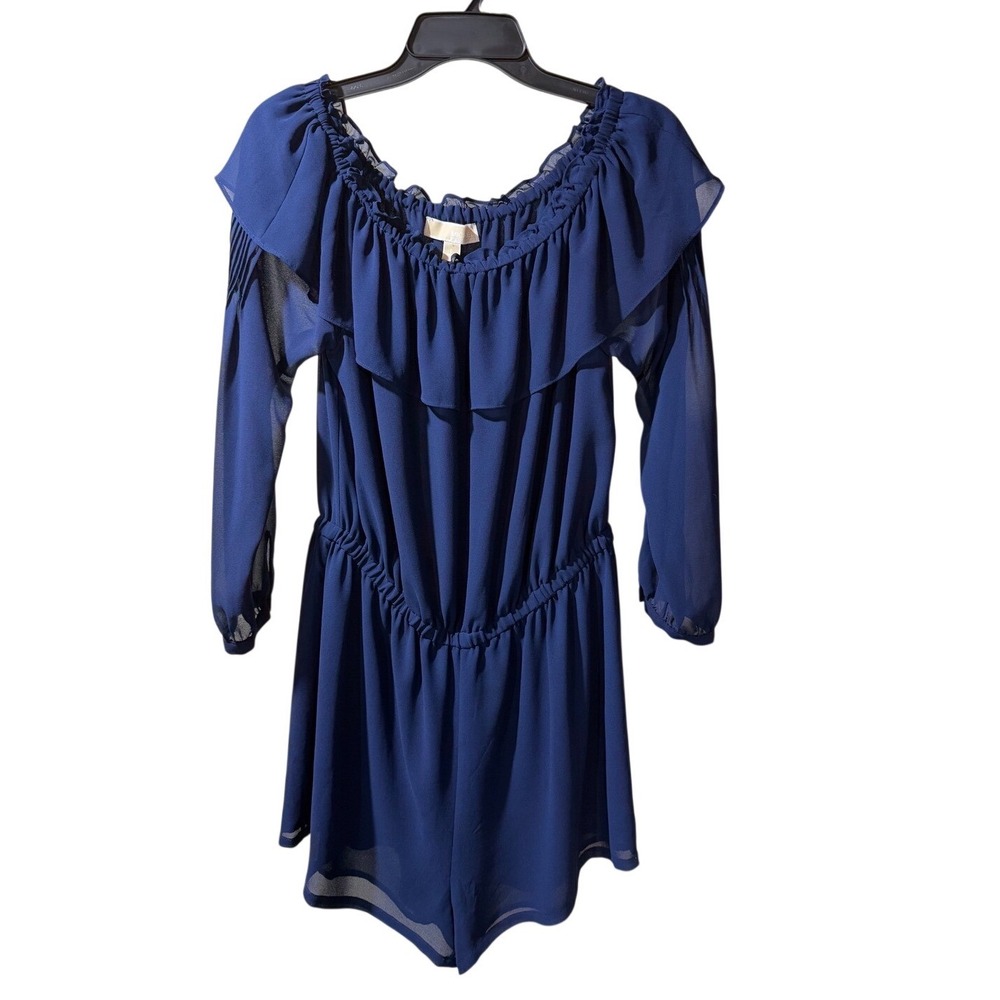 Michael Kors Women Off the Shoulder Romper Ruffle Navy Blue‎ Size L Party Travel